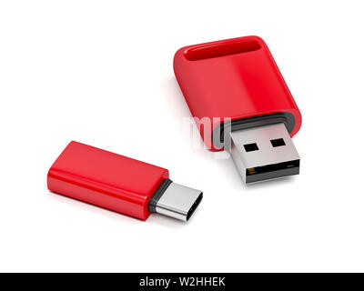 Red Flash Laufwerke mit verschiedenen USB-Schnittstellen auf weißem Hintergrund Stockfoto