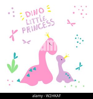 Dino. Zwei Dinosaurier in Kronen zu drucken. Wenig Dino und seine Mama Muster. Rosa Farbe Poster mit Schriftzug little Princess. Für die Gestaltung von nurser Stock Vektor