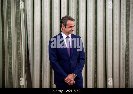 Athen, Griechenland. 09 Juli, 2019. Kyriakos Mitsotakis, Präsident der konservativen Partei Nea Dimokratia (ND) und der neu gewählte Premierminister, beteiligt sich an der Vereidigung der neuen griechischen Kabinett im Präsidentenpalast. Credit: Angelos Tzortzinis/dpa/Alamy leben Nachrichten Stockfoto