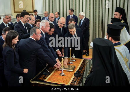 Athen, Griechenland. 09 Juli, 2019. Die neue griechische Schaltschrank ist von Erzbischof Ieronymos von Athen im Präsidentenpalast vereidigt. Credit: Angelos Tzortzinis/dpa/Alamy leben Nachrichten Stockfoto