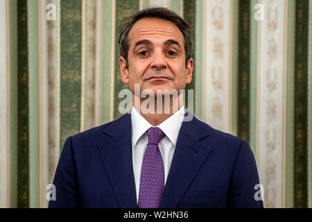 Athen, Griechenland. 09 Juli, 2019. Kyriakos Mitsotakis, Präsident der konservativen Partei Nea Dimokratia (ND) und der neu gewählte Premierminister, beteiligt sich an der Vereidigung der neuen griechischen Kabinett im Präsidentenpalast. Credit: Angelos Tzortzinis/dpa/Alamy leben Nachrichten Stockfoto