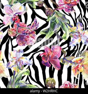 Orchidee Blumen botanischen Blumen. Wild Federblatt wildflower. Aquarell Abbildung. Aquarell Zeichnung mode Aquarelle. Nahtlose Hintergrund Stockfoto