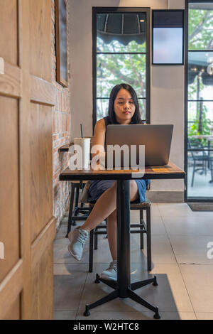 Junge weibliche Freiberufler arbeiten am Laptop im Cafe Tabelle Stockfoto