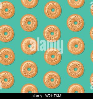 Nahtlose Muster mit Blick von oben auf die frische Bagels, Weiß und Braun Sesam auf die Oberseite. Leckeres Frühstück. Vektor nahtlose Muster. Stock Vektor