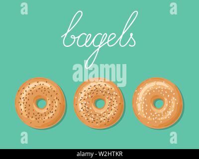 Satz von 3 frische Bagels mit weißen und braunen Sesam auf die Oberseite. Blick von oben auf die Bagels über Hintergrund isoliert. Leckeres Frühstück. Nehmen Sie fast food. Stock Vektor