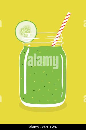 Grüne Smoothie im Marmeladenglas mit Gurke in Scheiben schneiden und wirbelte Stroh auf Hintergrund isoliert. Frische natürliche gesunde grünes Gemüse trinken. Vektor Stock Vektor
