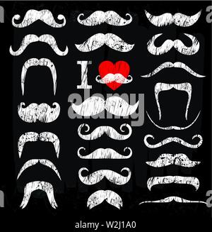 Schnurrbärte weiße Reihe von Icons auf der Kreidetafel. Stock Vektor