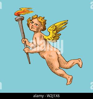 Süße Engel mit Pfeil und Bogen. Kleine ästhetische Cupids mit Flügeln fliegen in den Himmel. Kinder in Schwarzweiß graviert Stil. Vorlage für eine Tätowierung oder ein Logo Stock Vektor