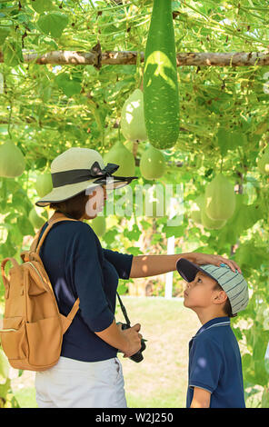 Mutter und Sohn im Winter melone Farm Stockfoto