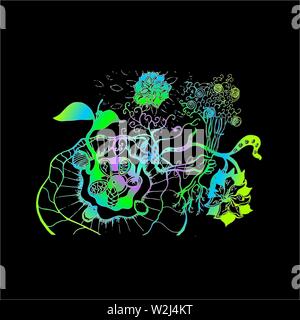 Neon Abbildung einer psychedelischen Motiv. Hand, Blumen, Bouquet, Geschenk. Stock Vektor