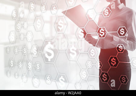 Dollar Symbole auf unscharfen Büro Hintergrund. Finanzielle Hintergrund für geschäftliche Präsentationen. Stockfoto