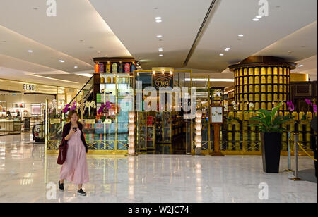 Bangkok, Thailand - 28. Januar 2019: twg Teestube im Emporium Shopping Mall, Fendi Boutique, junge Frau mit Mobiltelefon Stockfoto