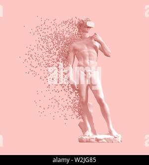 Digitale Auflösung der Skulptur David mit VR-Brille auf Rosa Hintergrund. 3D-Darstellung. Stockfoto