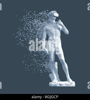 Digitale Auflösung der Skulptur David mit VR-Brille auf blauem Hintergrund. 3D-Darstellung. Stockfoto