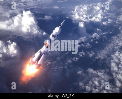Russische Trägerrakete Einführung in die Wolken. 3D-Darstellung. Stockfoto