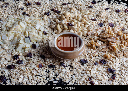 Müsli Zutaten Haferflocken gehobelten Mandeln Walnüsse und Cashew mit Tasse Honig von der Seite ohne Schale Stockfoto