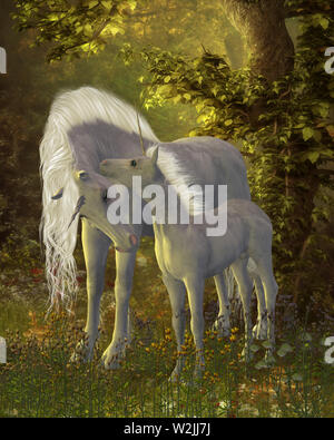 Einhorn kleben - ein weißes Einhorn mare zeigt ihre Zuneigung für Ihren kleinen Colt in einem magischen Wald voller legendäre Kreaturen. Stockfoto