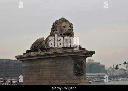 Einer der Löwen Skulpturen auf der Budaer Seite der Széchenyi Kettenbrücke in Budapest. Der Blick über die Donau auf der Pester Seite. Stockfoto