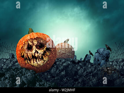 Halloween Kürbis Kürbis Grab und gruseligen zombie In a haunted gruseligen Friedhof als der Horror auf einem scary jack o lantern Grimasse. Stockfoto