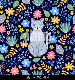 Nahtlose Muster mit Katze und Blumen auf schwarzem Hintergrund Stock Vektor