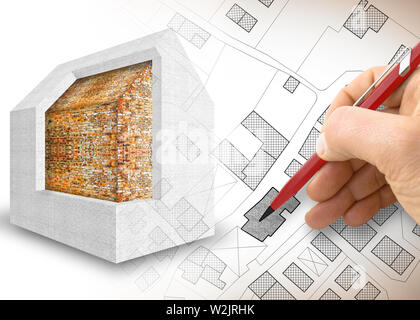 Wärmedämmung Design der alten Gebäude, die Energieeffizienz zu verbessern und die thermischen Verluste - 3D-Render Konzept Bild zu verkleinern. Stockfoto