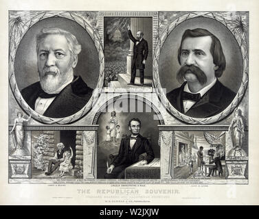 Die republikanische Souvenir, Standardstützen & berühmten Staatsmänner, mit US-Präsidenten Abraham Lincoln und James A. Garfield und Präsidentschafts- und Abberufungsgesetz Kandidaten James G. Blaine und John Logan, Veröffentlicht von Rechten Curren & Co., 1884. Stockfoto