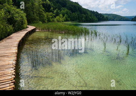 Die Promenade entlang dem Ufer von einem üppig bewachsenen See im Nationalpark Plitvicer Seen in Kroatien führenden Stockfoto