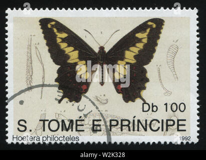 Russland KALININGRAD, 28. MÄRZ 2019: Stempel gedruckt von Sao Tome und Principe zeigt wunderschöne, Schmetterling, ca. 1992 Stockfoto