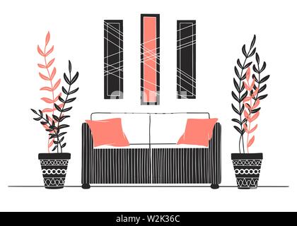 Ein Teil der Zimmer. Sofa, Pflanzen in Töpfen und ein Bild an der Wand. Hand gezeichnet Vector Illustration einer Skizze Stil. Stock Vektor