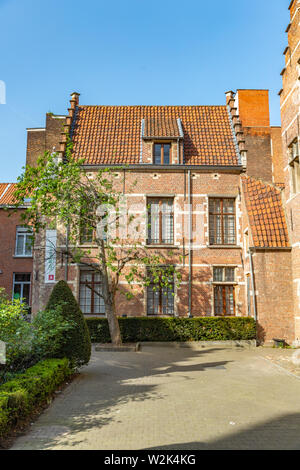 Grüne Bäume und Büsche in den kleinen Innenhof aus rotem Backstein Haus in Antwerpen, Belgien Stockfoto
