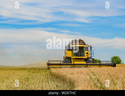 Berlin, Deutschland - Juli 05, 2019: Vorderansicht eines fahrenden Mähdrescher auf einem Feld in der Nähe von Berlin unter einem bewölkten Himmel. Stockfoto