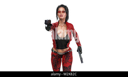 Aktion Mädchen Schießen Kanonen, Frau in Rot Leder Anzug mit Handwaffen, die auf weißem Hintergrund, Vorderansicht, 3D-Rendering Stockfoto