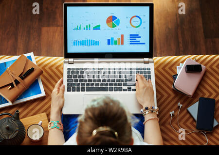 Obere Ansicht von trendigen Frau sitzt auf der Couch im Wohnzimmer mit Blick auf den Diagrammen auf den Laptop Bildschirm. Stockfoto