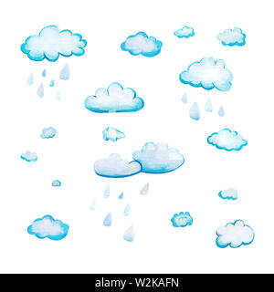 Set mit Aquarell cartoon Regenwolken. Weiß-blauen Wolken von Hand gezeichnet und isoliert auf einem weißen Hintergrund. Und flauschig weiche abgerundete Formen mit den textu Stockfoto
