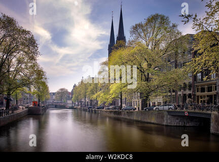 Schöne Bäume an einem Kanal in Amsterdam, Niederlande Stockfoto