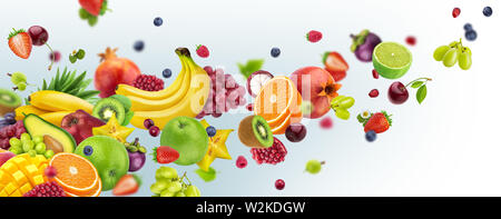 Flying Früchte und Beeren auf weißem Hintergrund Stockfoto