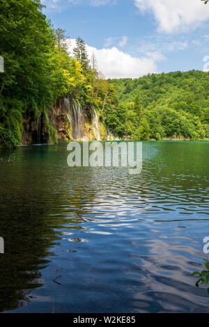 Kaskaden von Reines, frisches Wasser, ausgegossen Braun, bemoosten Felsen in einem azurblauen See im Nationalpark Plitvicer Seen Plitvicer Seen, Kroatien Stockfoto