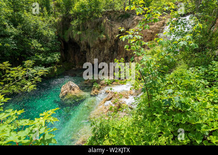 Die reines, frisches Wasser eines Flusses Spritzer in die Azure farbige kristallklarem Wasser von einem Teich am Nationalpark Plitvicer Seen in Kroatien Stockfoto