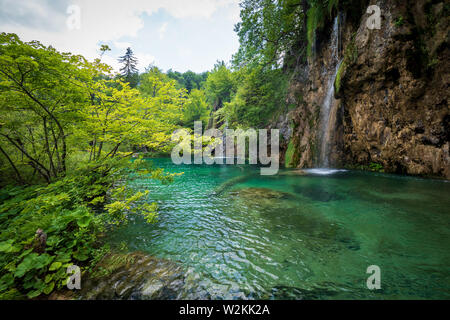 Das Wasser eines kleinen Baches eilt den Fels hinunter Gesicht in das azurblaue Wasser von einem Teich am Nationalpark Plitvicer Seen in Kroatien Stockfoto