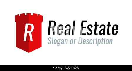 Vektor Logo Design für eine Firma in Immobilien und Home Sales tätig. Red Abbildung mit Turm der Burg. Stock Vektor