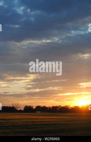 Sonnenuntergang über die Felder von Suffolk, Sommer orange-gelbe Sonne mit dunklen Wolken Stockfoto