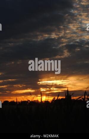 Sonnenuntergang über die Felder von Suffolk, Sommer orange-gelbe Sonne mit dunklen Wolken Stockfoto