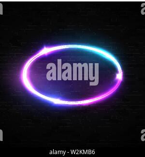 Oval Leuchtreklame. Laser Chrome Frame mit glühenden, Licht, Flares und funkelt auf schwarzen Mauer Hintergrund. Elektrische Helle 3d Banner Design. Farbe ne Stock Vektor
