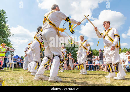 Der Graf von Stamford Morris eine Tanz an der 2019 Stockton Heide Festival durchführen unter heißer Sonne Stockfoto