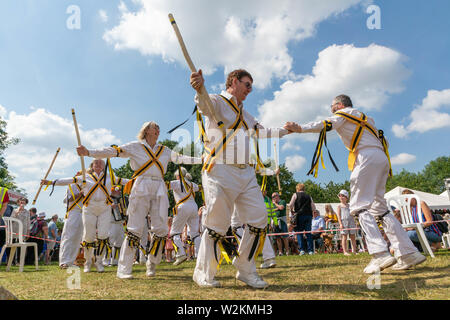 Der Graf von Stamford Morris eine Tanz an der 2019 Stockton Heide Festival durchführen unter heißer Sonne Stockfoto