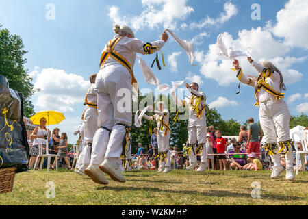 Der Graf von Stamford Morris eine Tanz an der 2019 Stockton Heide Festival durchführen unter heißer Sonne Stockfoto