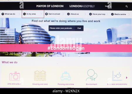 Offizielle Website der Bürgermeister von London, Sadiq Khan, und die 25 London Assembly Mitglieder. Website mit hashtag London ist geöffnet. Stockfoto