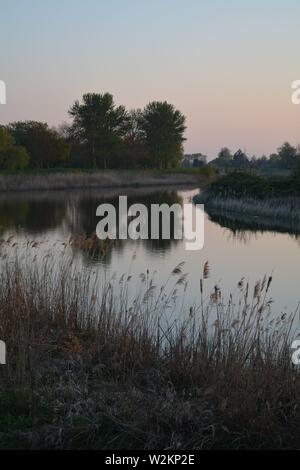 Bilderserie eines Sonnenuntergangs über einem englischen Fluss mit Silhouettenplänen und Bäumen im Herbst. Stockfoto