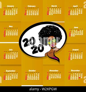 2020 Comic Text Vorlage Kalender Pop Art Sprechblase wow vector Hintergrund. Halbton Datum Veranstalter. Schwarze Frau pop art Stock Vektor