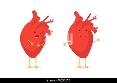 Traurig krank ungesund weinen vs gesund stark glücklich lächelnd niedlichen Herz Charakter. Medizinische anatomische lustige Cartoon menschlichen inneren Organ Charakter. Vektorgrafik flach Stock Vektor